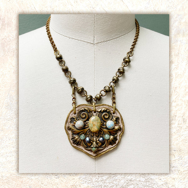 SHIELD PENDANT : Turquoise & Freshwater Pearls on Metallic Leather G i l d e d   M a n e