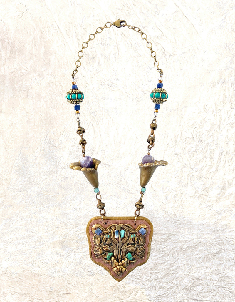 SHIELD PENDANT : Vintage Floral w/ Turquoise & Amethyst G i l d e d   M a n e