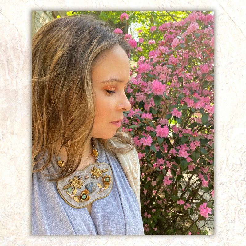 SHIELD NECKLACE : Brass Floral Mosaic