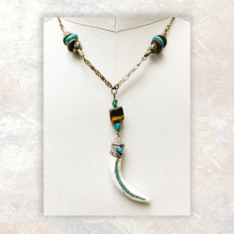 TOOTH PENDANT : Turquoise & Tiger Eye G i l d e d   M a n e