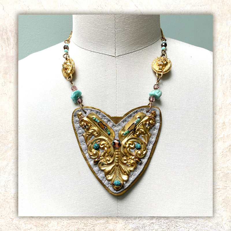 SHIELD NECKLACE : Brass Filigree & Untamed Lions