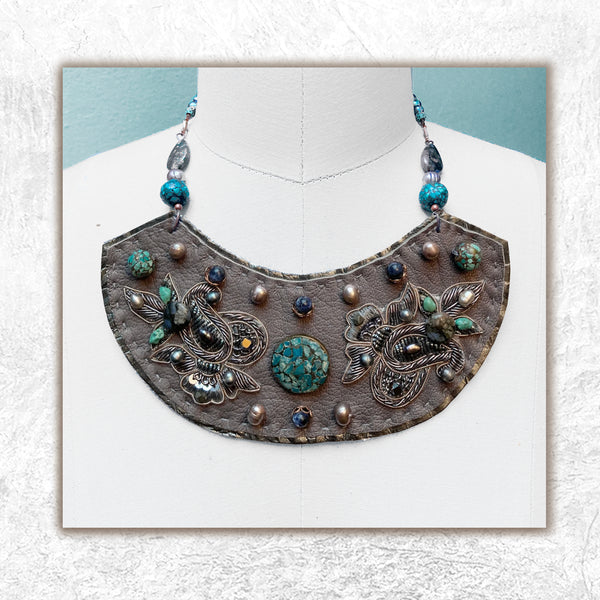 SHIELD NECKLACE : Zardozi & Turquoise on Warm Grey Leather