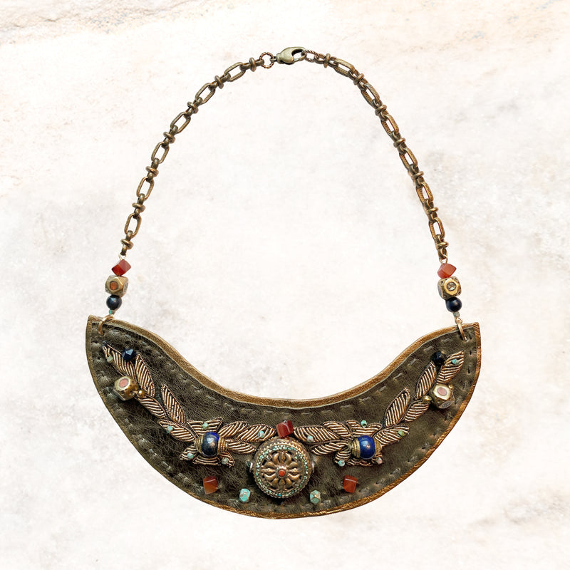 SHIELD NECKLACE : Zardozi Embroidery on Olive Leather